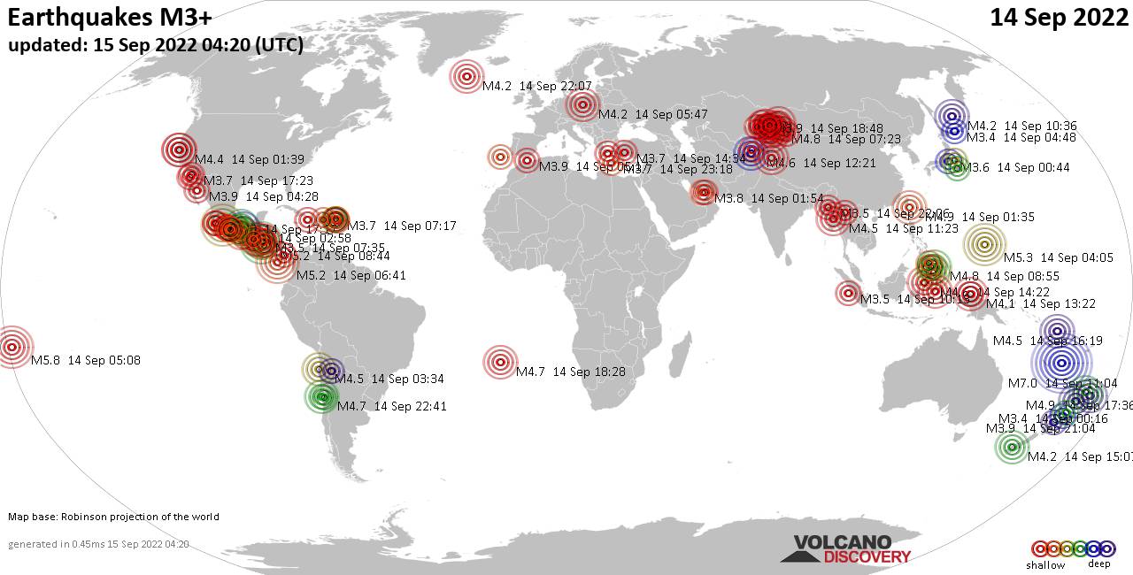 Mapa mundial que muestra terremotos de magnitud 3 en las últimas 24 horas 15 septiembre 2022
