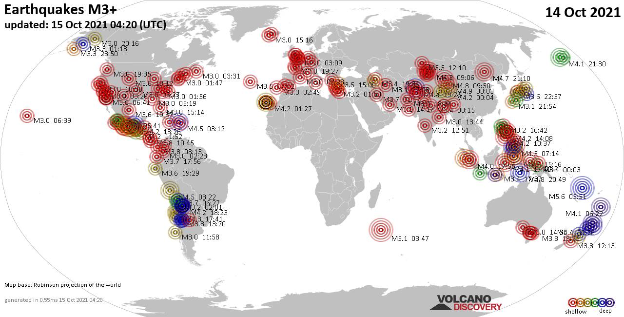 Mapa mundial que muestra terremotos de magnitud 3 en las últimas 24 horas 15 octubre 2021