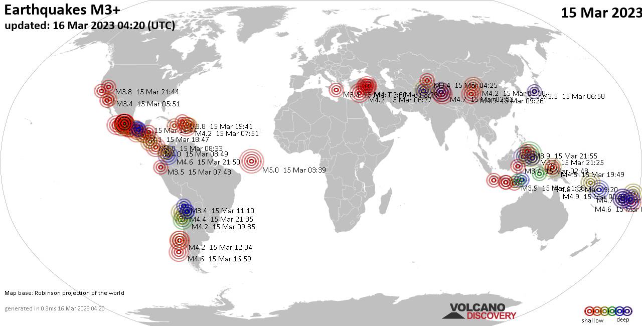 Weltkarte mit Erdbeben über Magnitude 3 während den letzten 24 Stunden past 24 hours am 16. März 2023