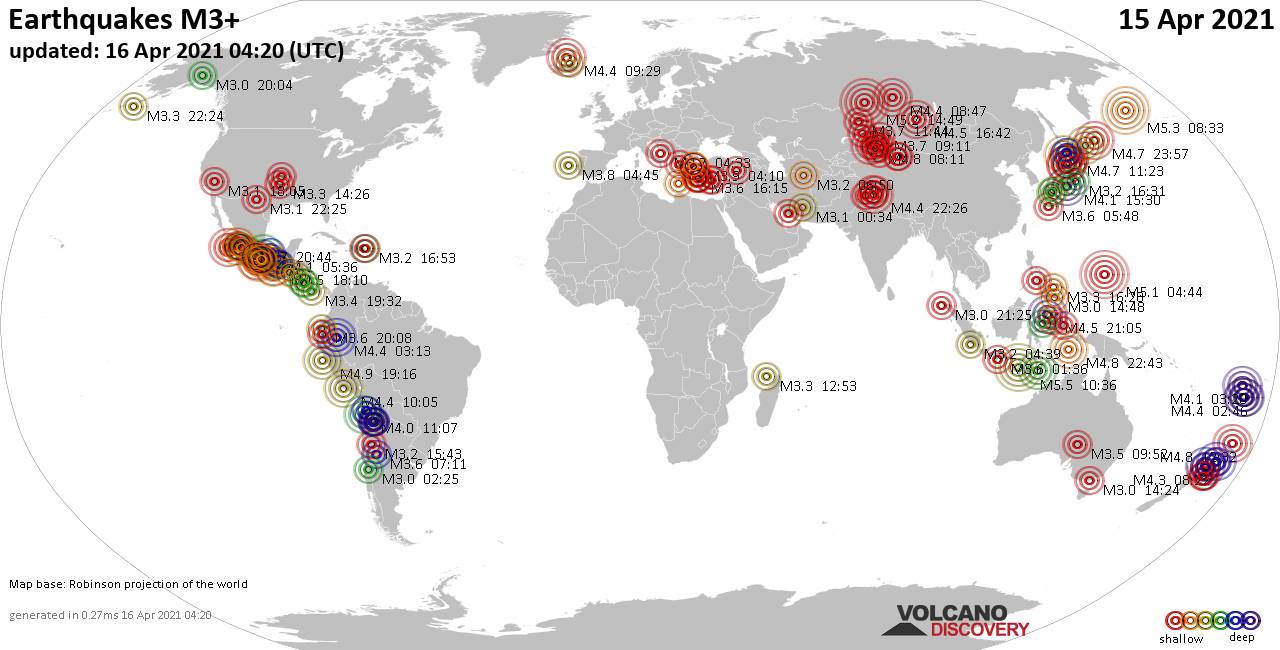 Mapa mundial que muestra terremotos de magnitud 3 en las últimas 24 horas 16 abril 2021