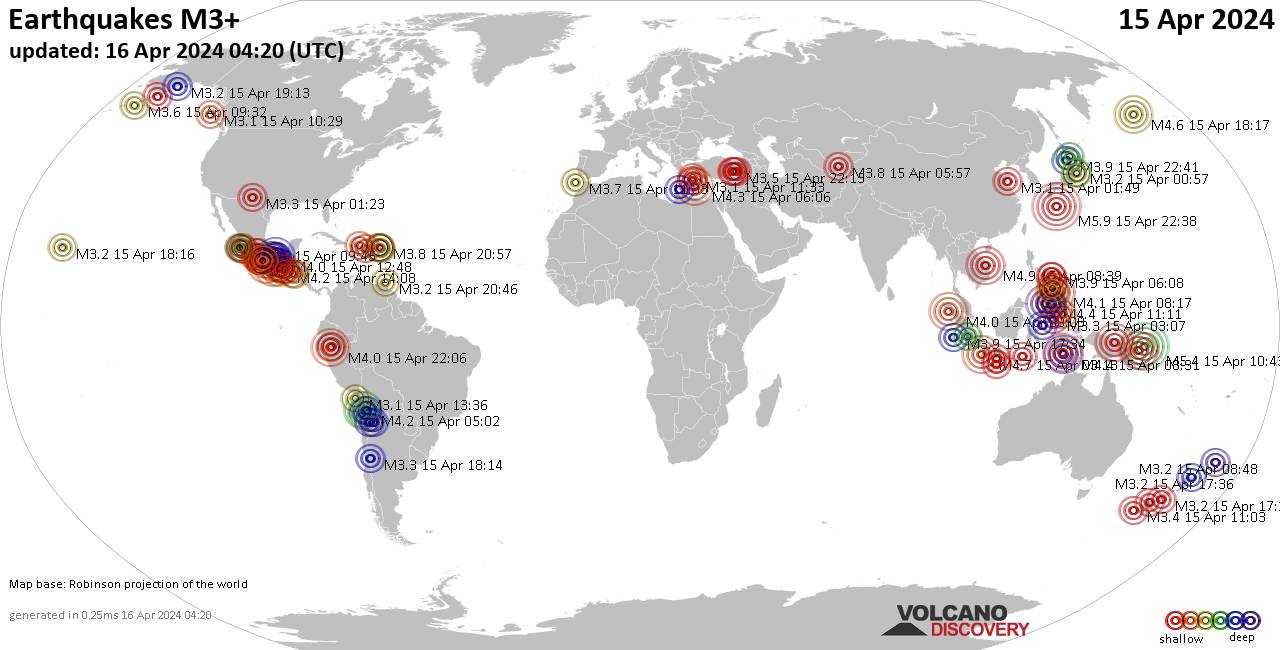 Weltkarte mit Erdbeben über Magnitude 3 während den letzten 24 Stunden past 24 hours am 15. April 2024