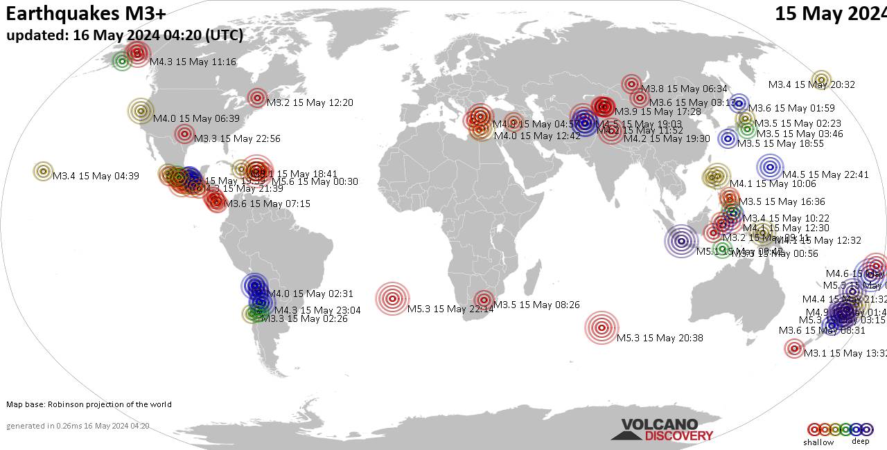 Mapa mundial que muestra terremotos de magnitud 3 en las últimas 24 horas 15 mayo 2024