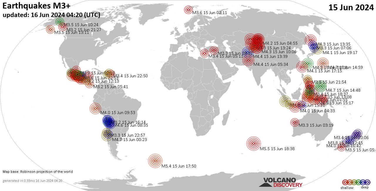 Weltkarte mit Erdbeben über Magnitude 3 während den letzten 24 Stunden past 24 hours am 15. Juni 2024