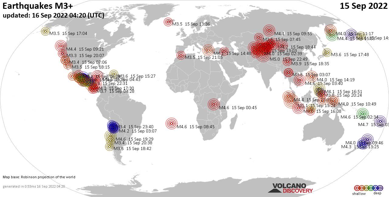 Mappa del mondo che mostra i terremoti sopra la magnitudo 3 nelle ultime 24 ore il 16 settembre 2022