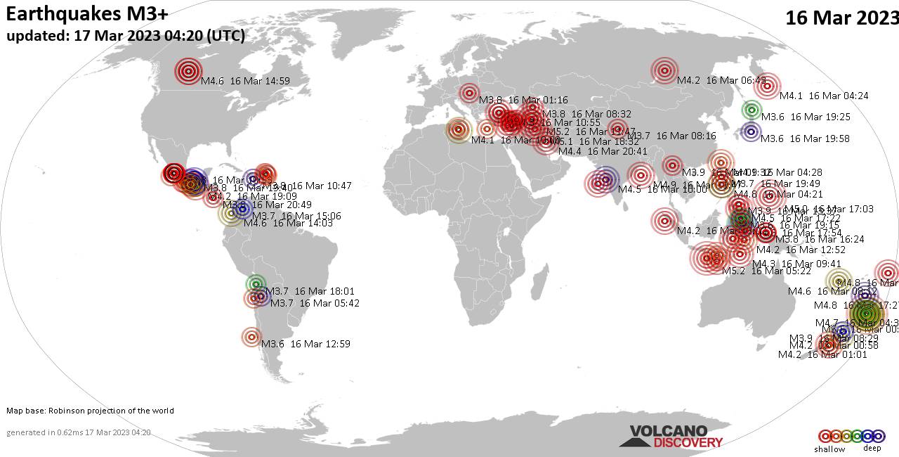 Карта мира, показывающая землетрясения силой более 3 баллов 16 марта 2023 г.