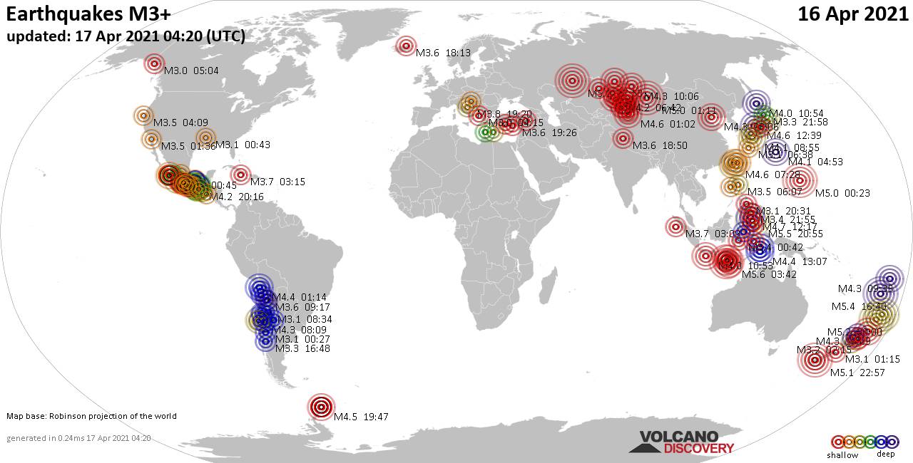 Mapa mundial que muestra terremotos de magnitud 3 en las últimas 24 horas 17 abril 2021