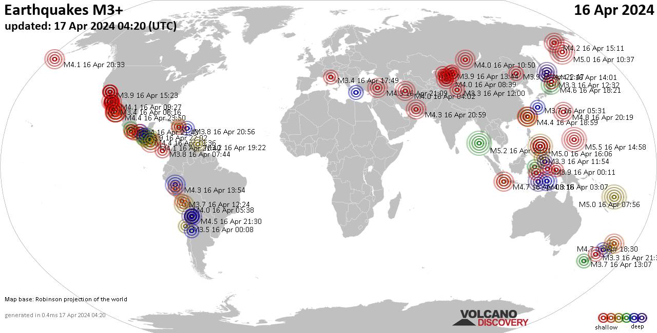 Weltkarte mit Erdbeben über Magnitude 3 während den letzten 24 Stunden past 24 hours am 16. April 2024