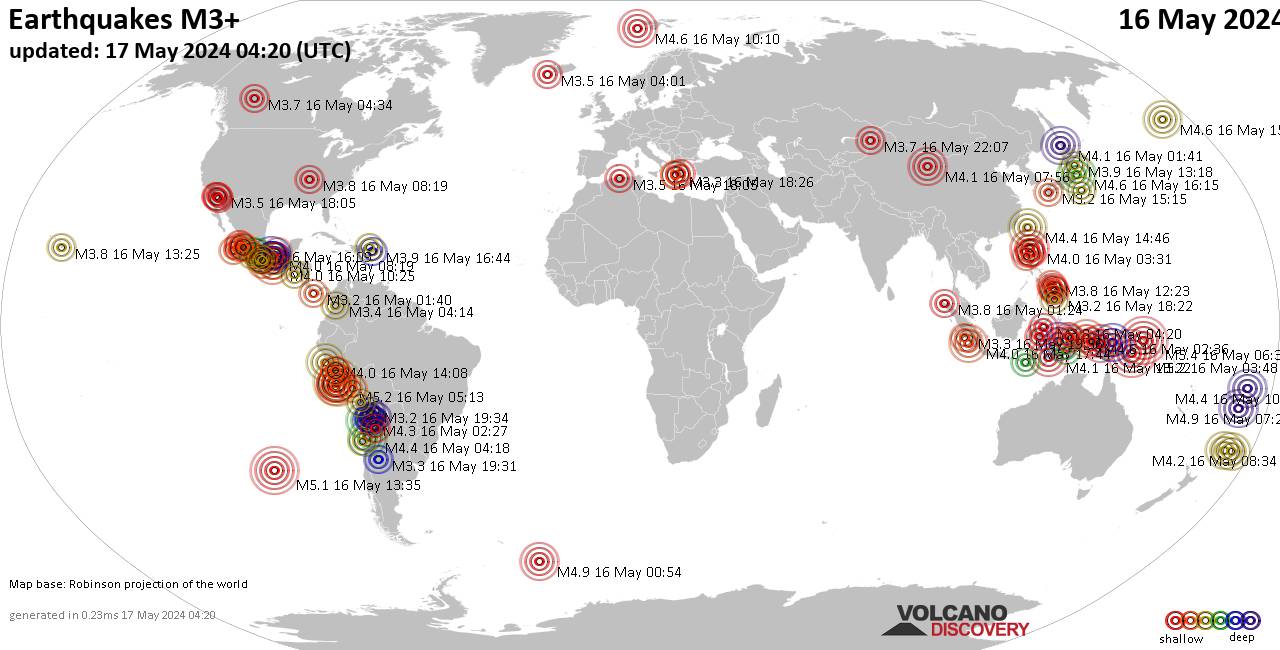 Carte du monde montrant les séismes supérieurs à la magnitude 3 jeudi, 16 mai 2024