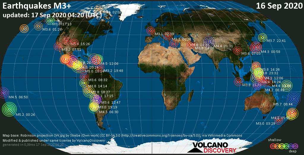 Worldwide earthquakes above magnitude 3 during the past 24 hours on 17 Sep 2020
