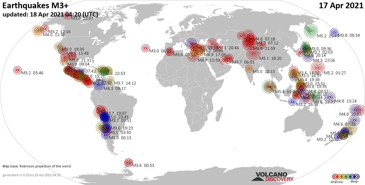 Séismes mondiaux de magnitude supérieure à 3 au cours des dernières 24 heures le 17 avril 2021