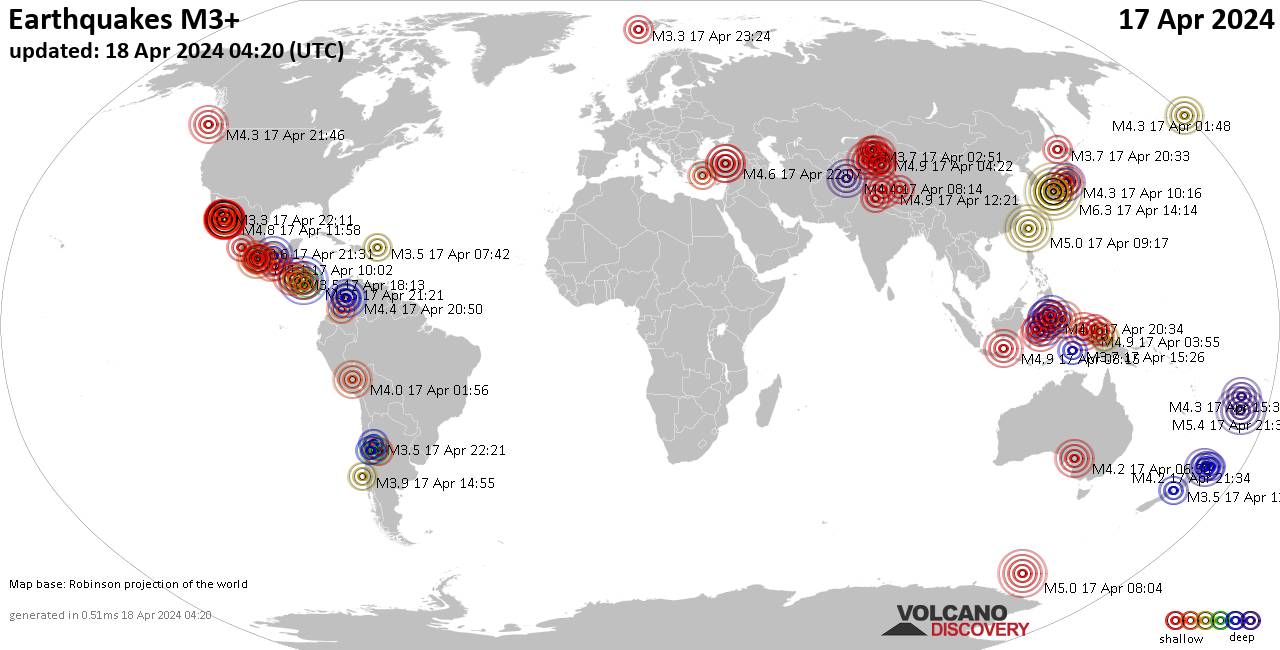 Weltkarte mit Erdbeben über Magnitude 3 während den letzten 24 Stunden past 24 hours am 17. April 2024