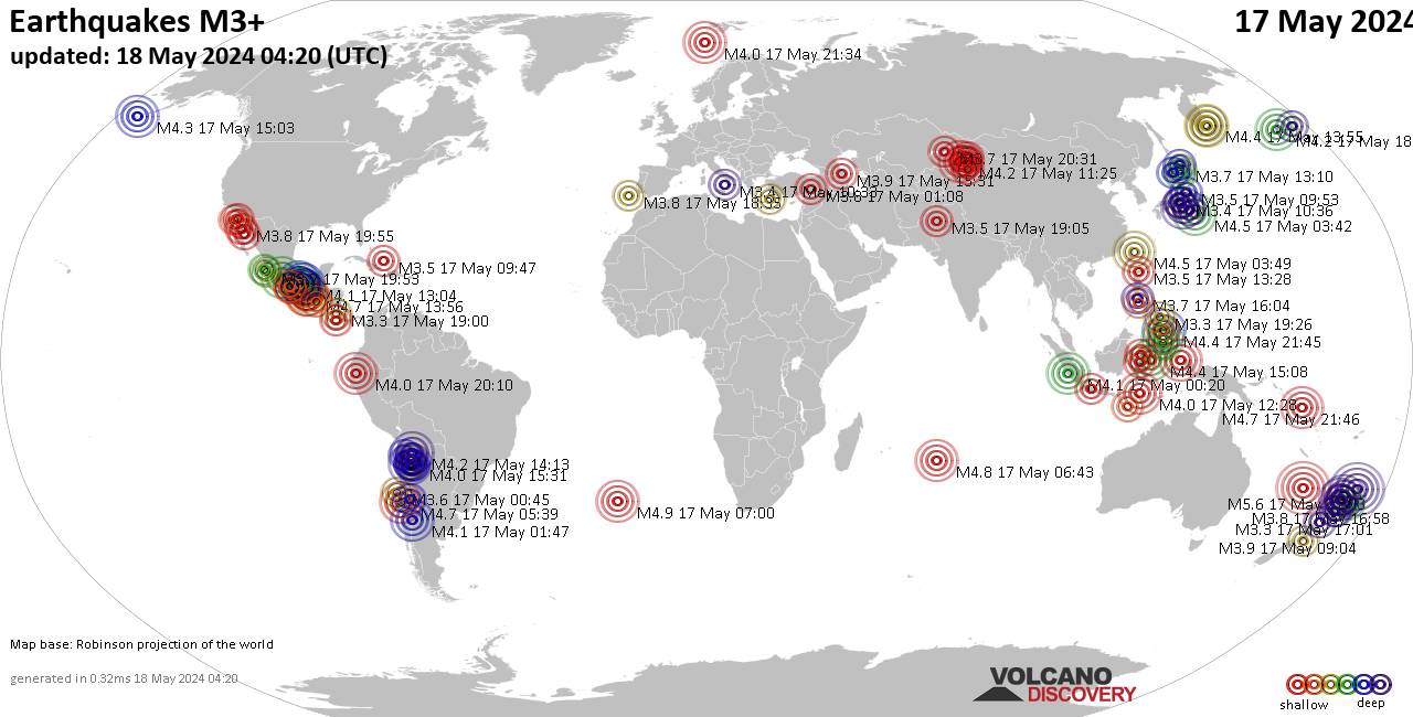 Weltkarte mit Erdbeben über Magnitude 3 während den letzten 24 Stunden past 24 hours am 17. Mai 2024