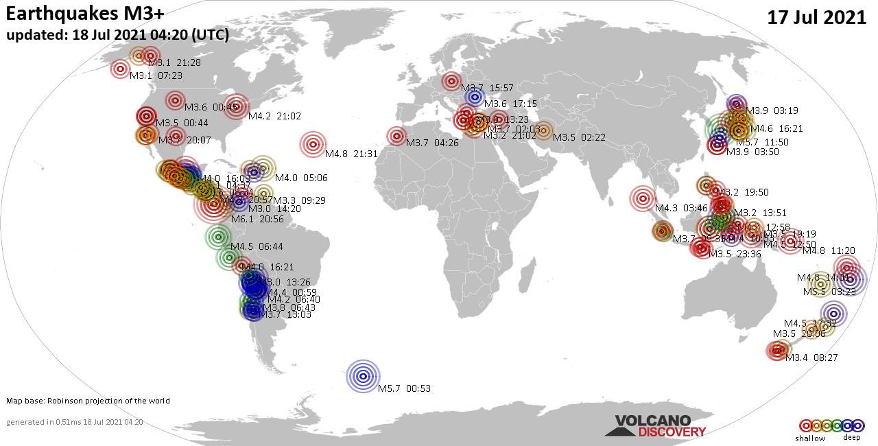 Mappa del mondo che mostra i terremoti sopra la magnitudo 3 nelle ultime 24 ore il 18 luglio 2021