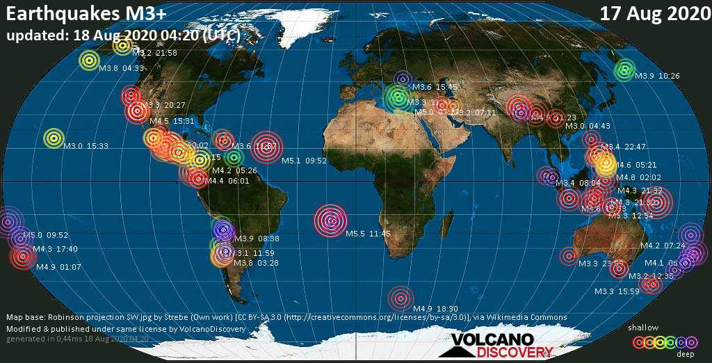 Worldwide earthquakes above magnitude 3 during the past 24 hours on 17 Aug 2020