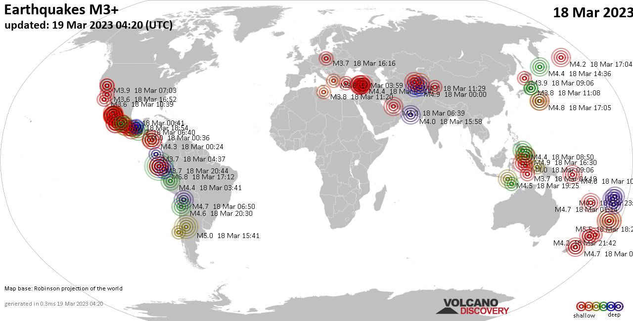 Carte du monde montrant les séismes supérieurs à la magnitude 3 samedi, 18 mars 2023