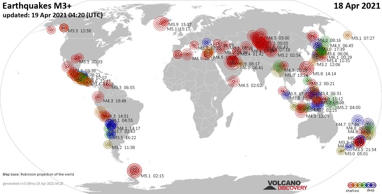 Séismes mondiaux de magnitude supérieure à 3 au cours des dernières 24 heures le 18 avril 2021