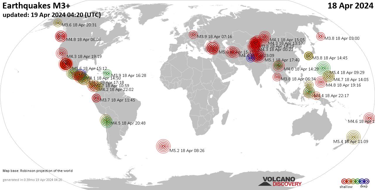 Παγκόσμιος χάρτης που δείχνει σεισμούς άνω των 3 βαθμών στις 18 Απριλίου 2024