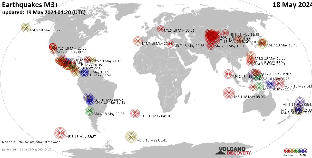 Weltkarte mit Erdbeben über Magnitude 3 während den letzten 24 Stunden past 24 hours am 19. Mai 2024
