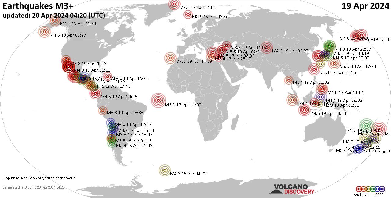 Carte du monde montrant les séismes supérieurs à la magnitude 3 vendredi, 19 avril 2024