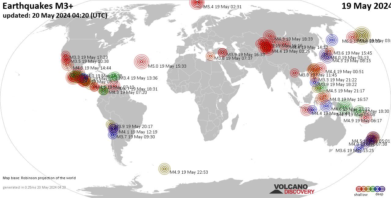 Carte du monde montrant les séismes supérieurs à la magnitude 3 dimanche, 19 mai 2024