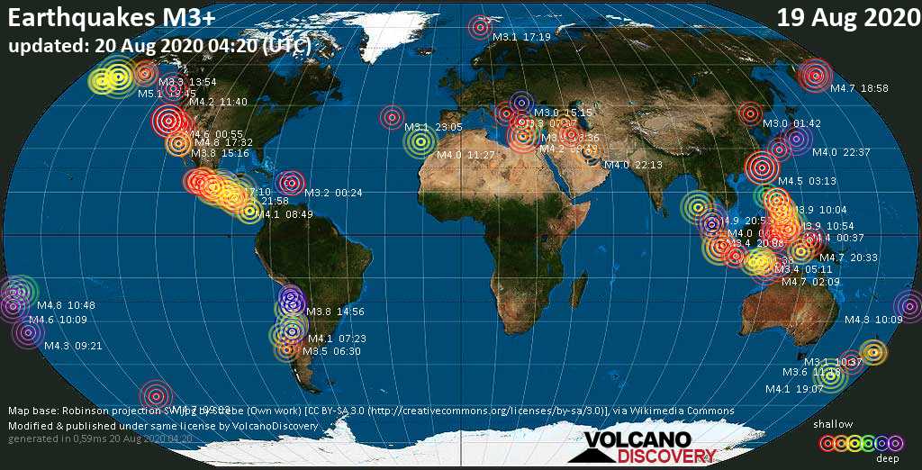 Worldwide earthquakes above magnitude 3 during the past 24 hours on 20 Aug 2020