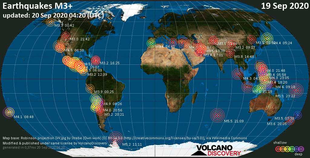 Worldwide earthquakes above magnitude 3 during the past 24 hours on 19 Sep 2020