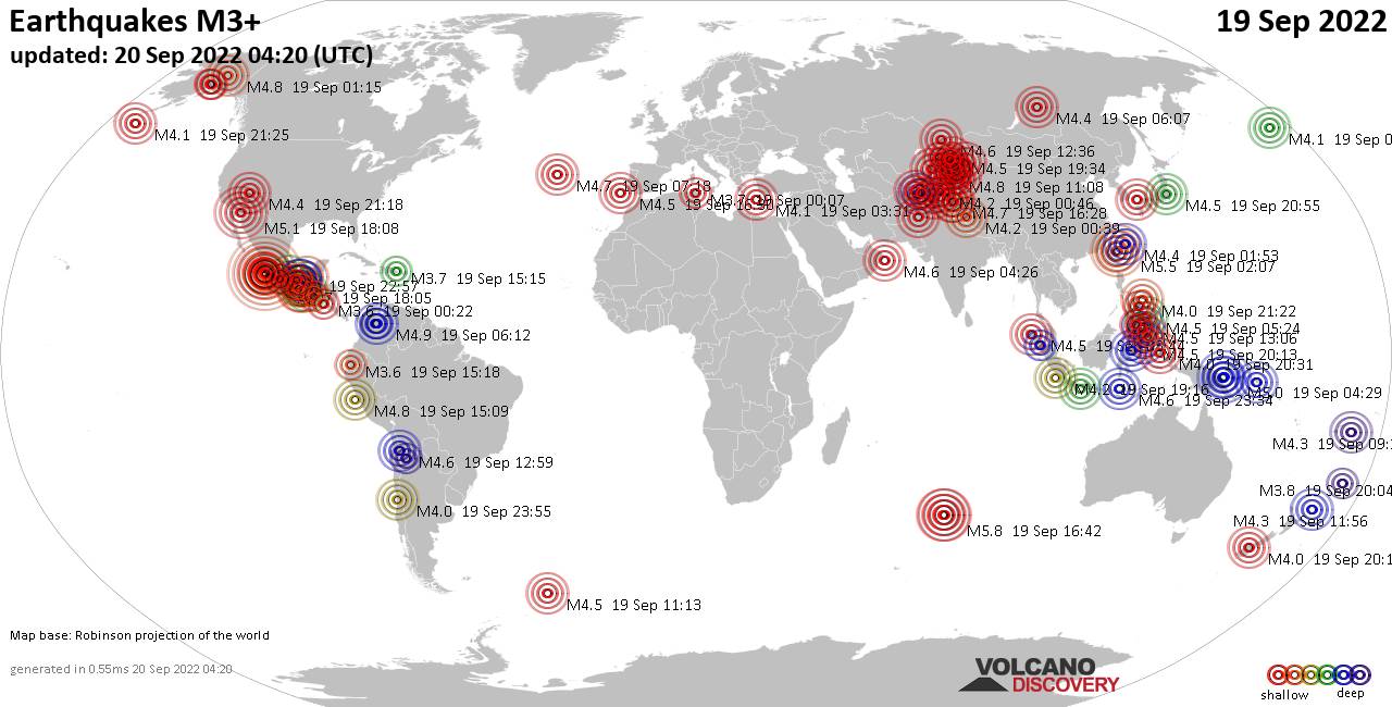 Mappa del mondo che mostra i terremoti sopra la magnitudo 3 nelle ultime 24 ore il 20 settembre 2022