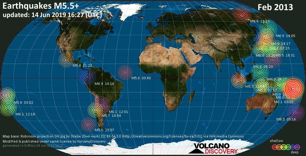 World map showing earthquakes above magnitude 5.5 during February 2013