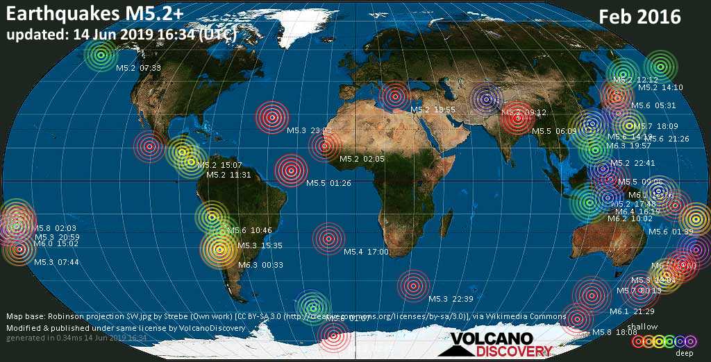 World map showing earthquakes above magnitude 5.2 during February 2016