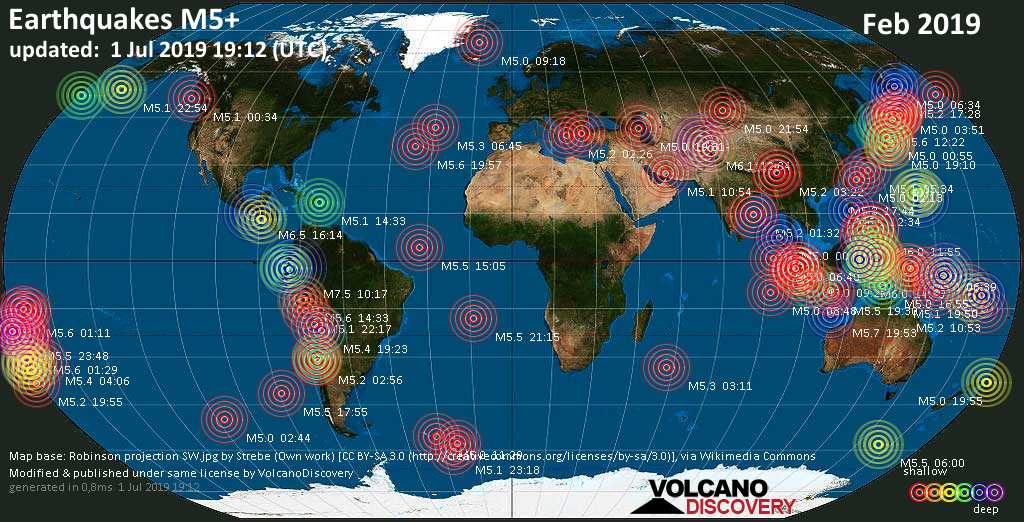 World map showing earthquakes above magnitude 5 during February 2019