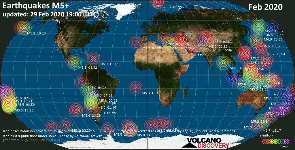 World map showing earthquakes above magnitude 5 during February 2020