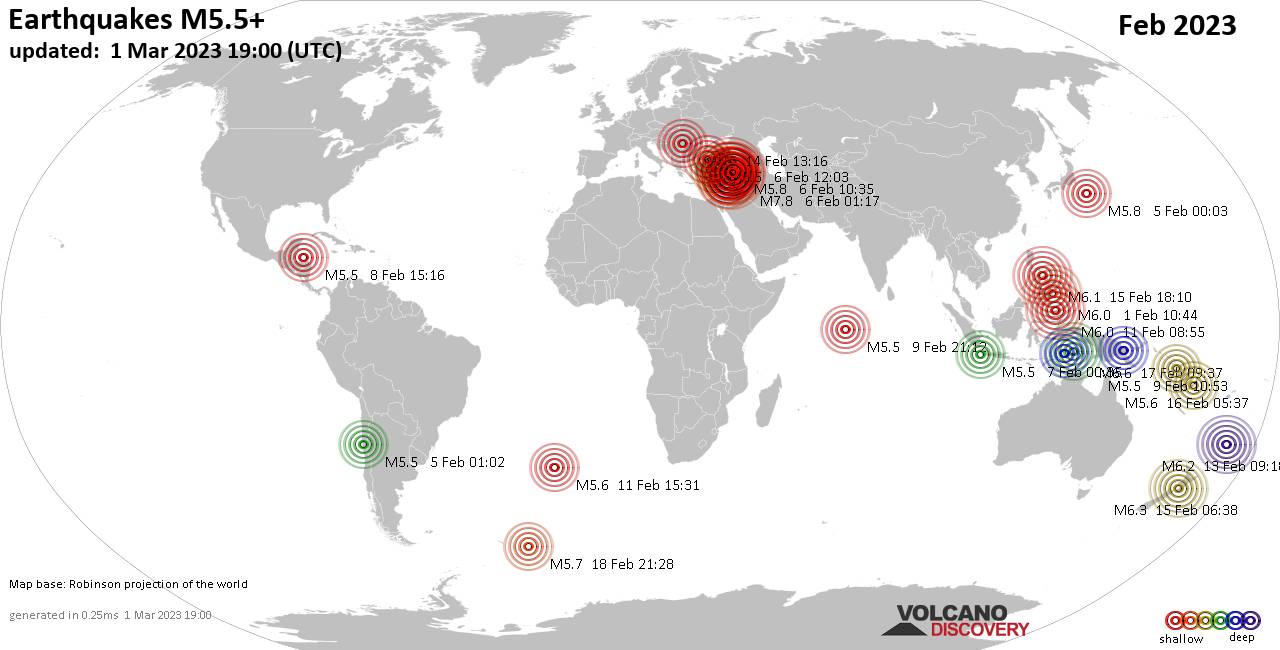 Карта мира, показывающая землетрясения силой более 5.5 баллов в течение февраля 2023 г.