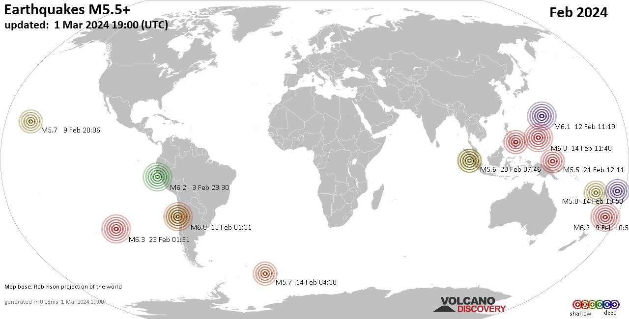 Carte du monde montrant les séismes supérieurs à la magnitude 5.5 février 2024