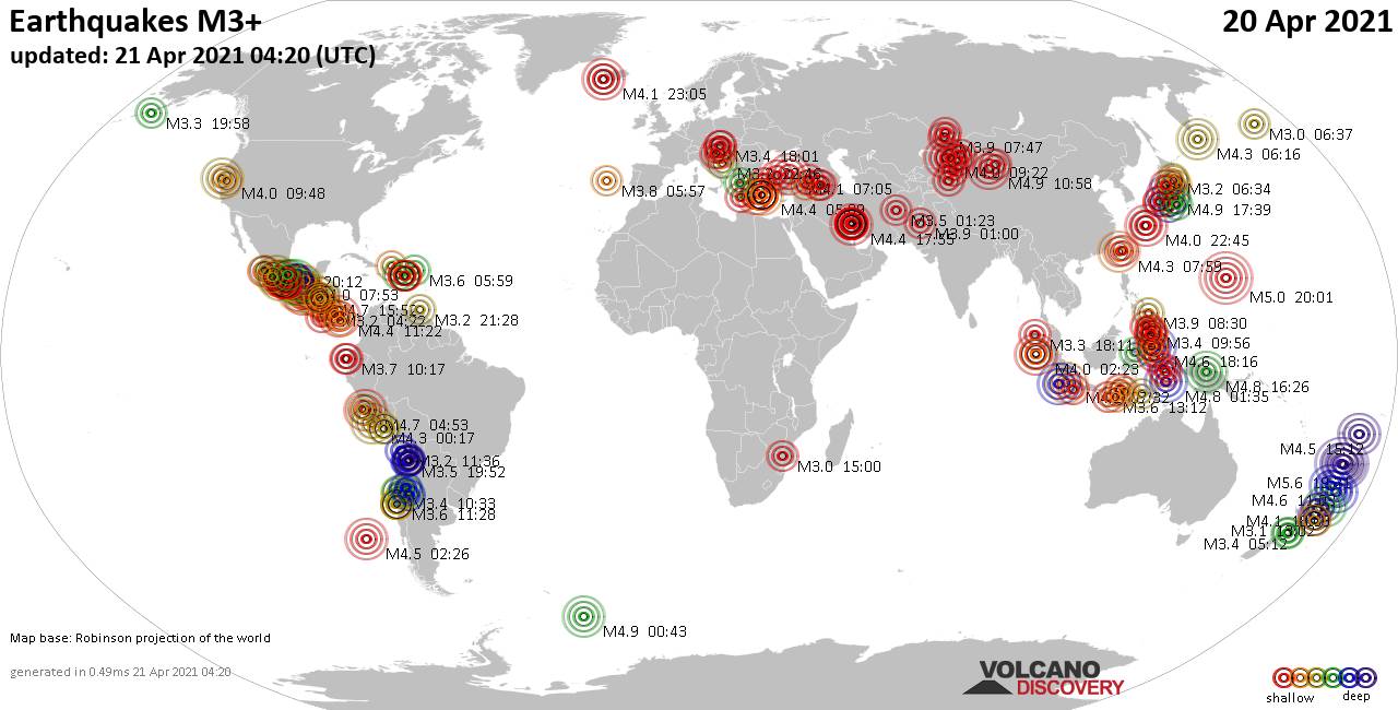 Mapa mundial que muestra terremotos de magnitud 3 en las últimas 24 horas 21 abril 2021