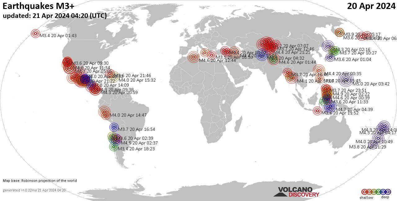 Weltkarte mit Erdbeben über Magnitude 3 während den letzten 24 Stunden past 24 hours am 20. April 2024
