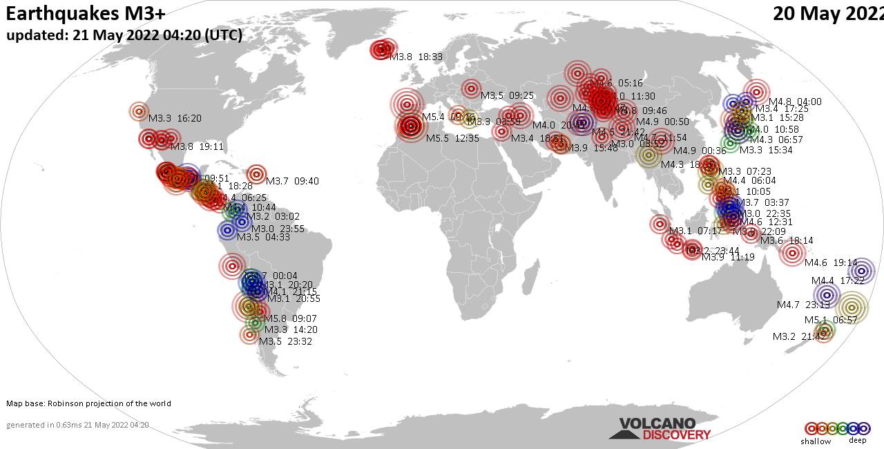 Weltkarte mit Erdbeben über Magnitude 3 während den letzten 24 Stunden past 24 hours am 21. Mai 2022