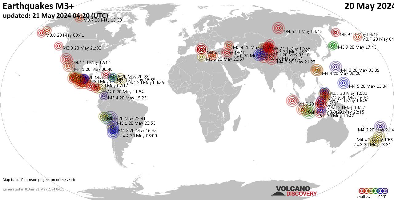 Weltkarte mit Erdbeben über Magnitude 3 während den letzten 24 Stunden past 24 hours am 21. Mai 2024