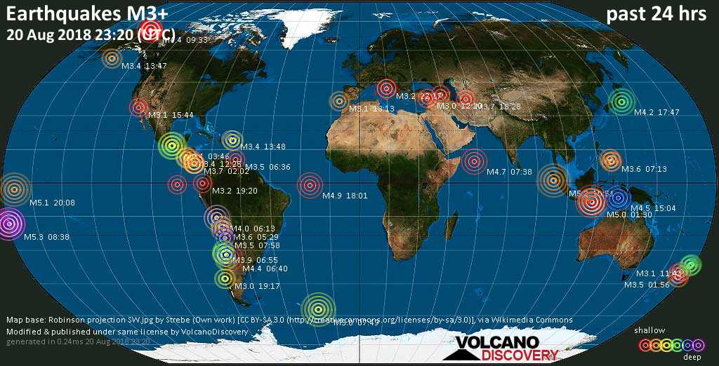 World map showing earthquakes above magnitude 3 during the past 24 hours on 20 Aug 2018