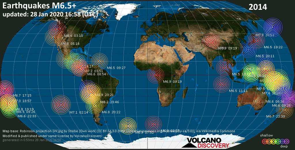 World map showing earthquakes above magnitude 6.5 during 2014
