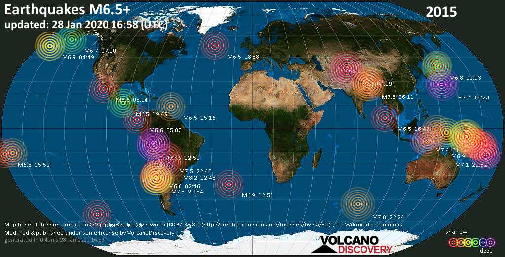 World map showing earthquakes above magnitude 6.5 during 2015