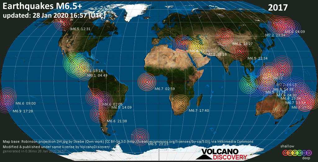World map showing earthquakes above magnitude 6.5 during 2017