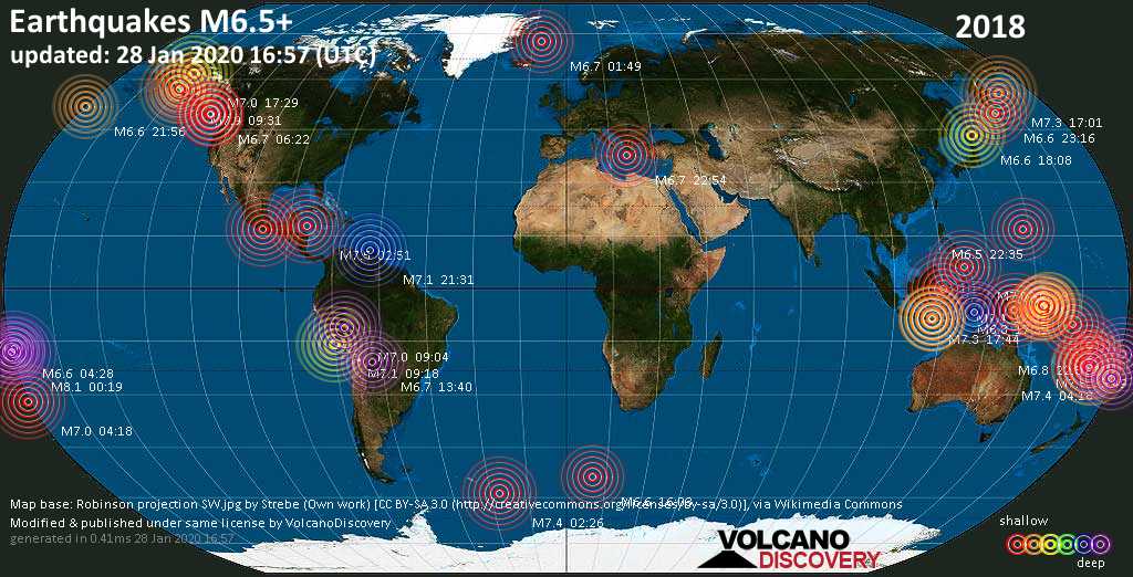 World map showing earthquakes above magnitude 6.5 during 2018