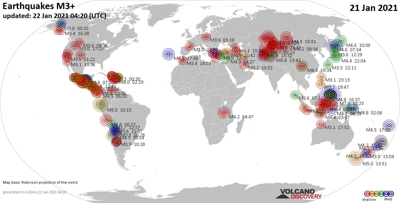 Worldwide earthquakes above magnitude 3 during the past 24 hours on 22 Jan 2021