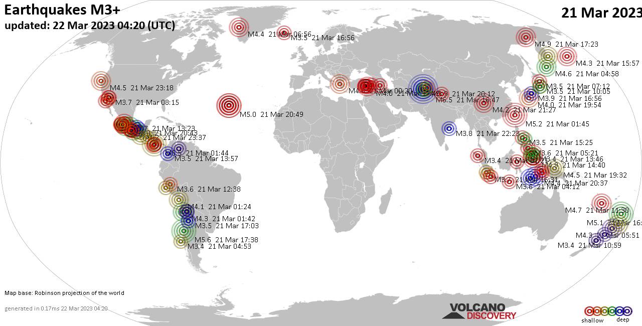 Weltkarte mit Erdbeben über Magnitude 3 während den letzten 24 Stunden past 24 hours am 22. März 2023