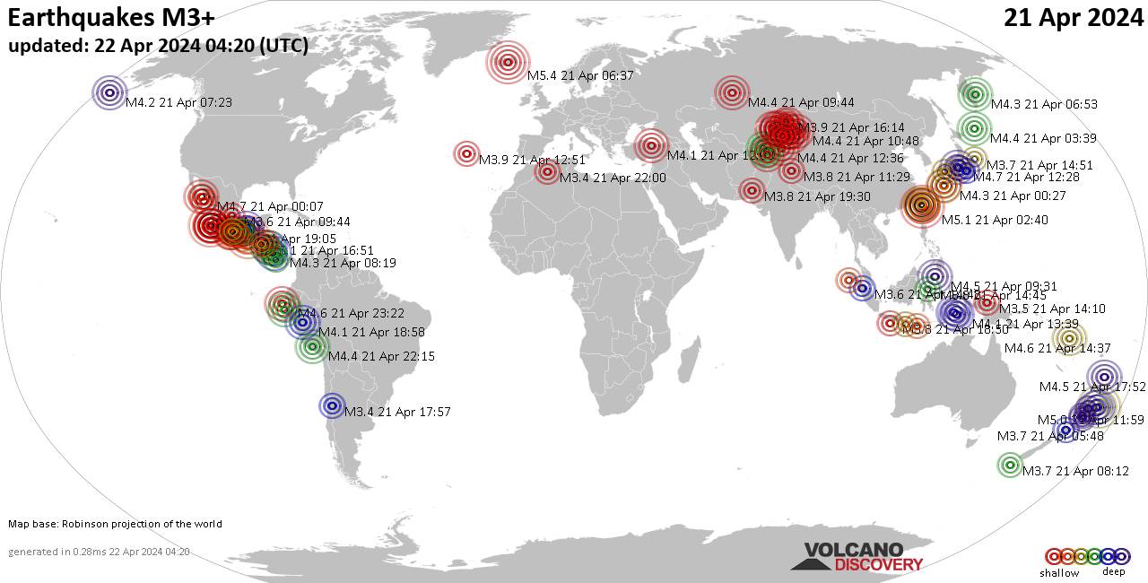 Worldwide earthquakes above magnitude 3 during the past 24 hours on 22 Apr 2024