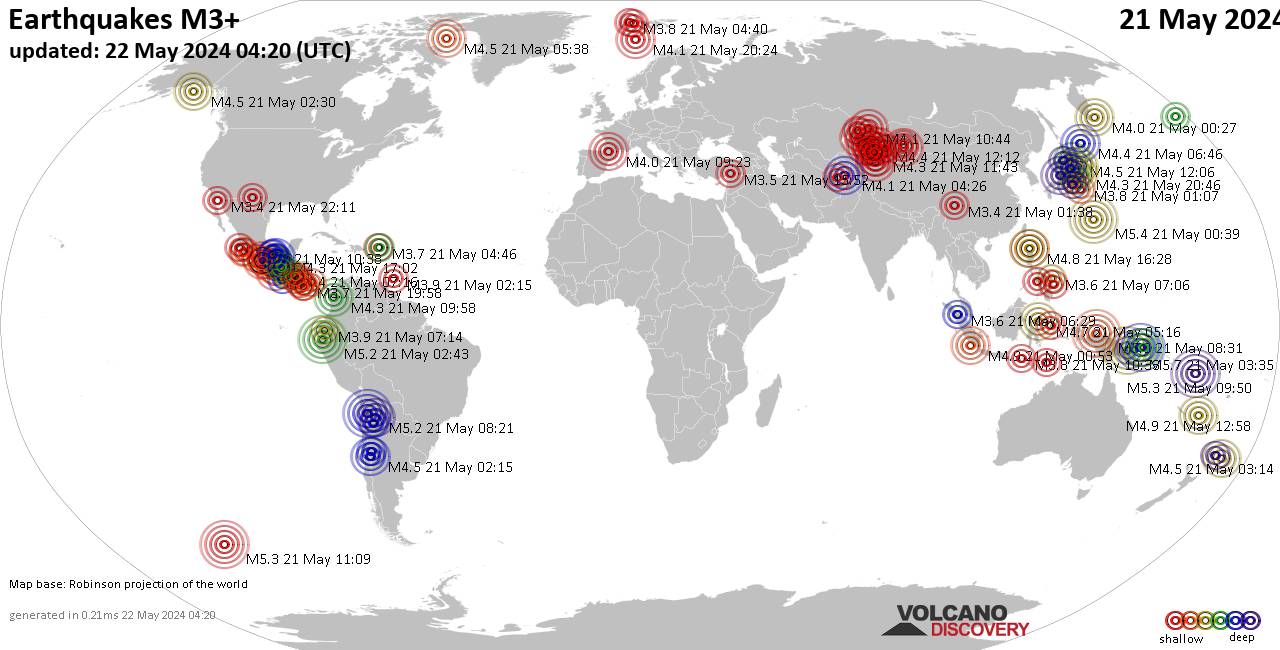 Worldwide earthquakes above magnitude 3 during the past 24 hours on 21 May 2024