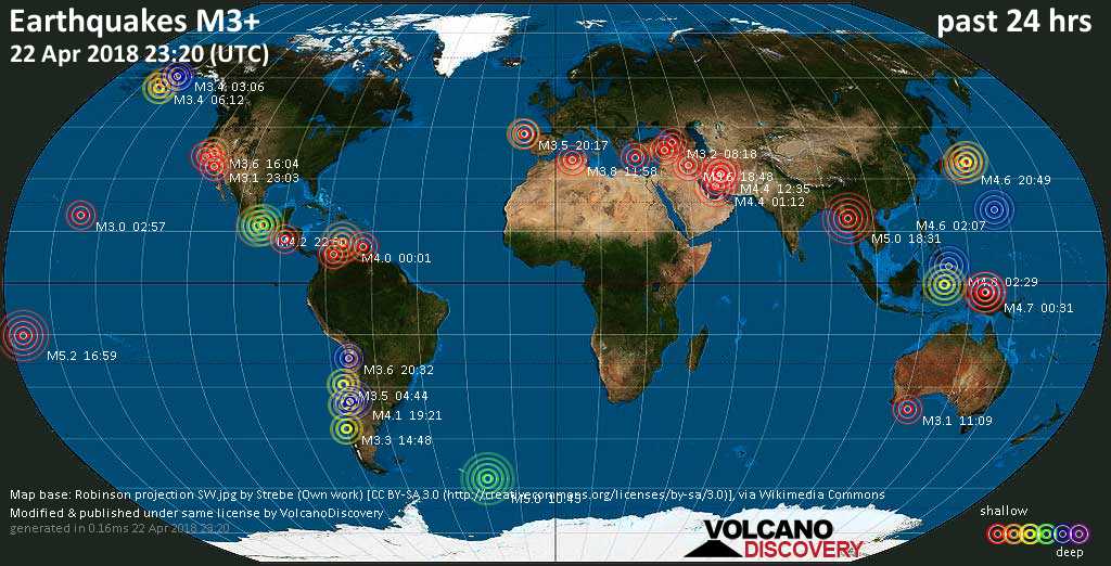 World map showing earthquakes above magnitude 3 during the past 24 hours on 22 Apr 2018