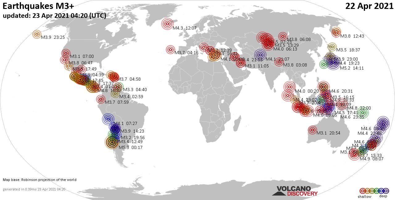 Mapa mundial que muestra terremotos de magnitud 3 en las últimas 24 horas 23 abril 2021