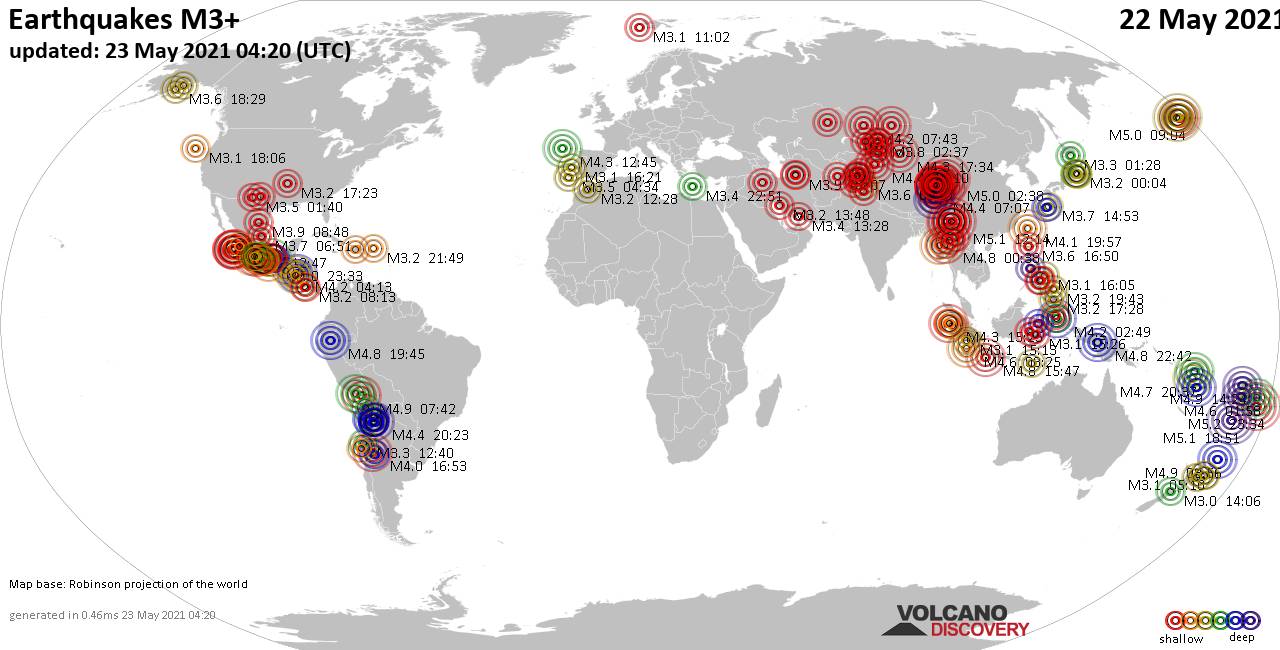 Mappa del mondo che mostra i terremoti sopra la magnitudo 3 nelle ultime 24 ore il 23 maggio 2021