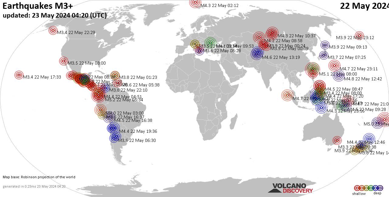 Weltkarte mit Erdbeben über Magnitude 3 während den letzten 24 Stunden past 24 hours am 23. Mai 2024